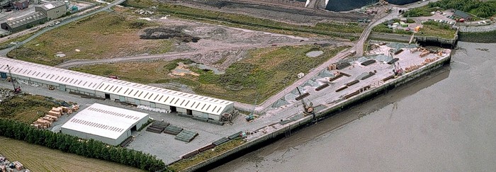 Aerial view of Mersey Wharf, part of the Victoria Group of ports